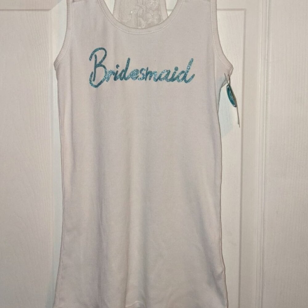 Blue by Betsey Johnson Blue Glitter Bridesmaid Lettering White Ribbed Tank Top M